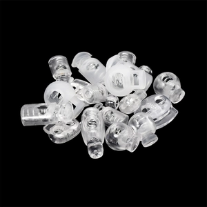 Macro detail of transparent plastic toggle spring cord locks for backpacks and apparel