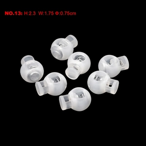 Translucent white plastic spring cord locks for backpacks, size 2.3x1.75cm with 0.75cm hole