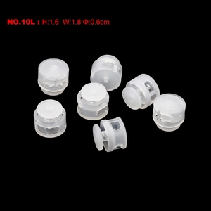 Detailed dimensions of 1.6cm height translucent plastic spring cord locks with size labels