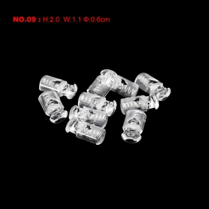 Detail of transparent plastic cord locks with spring mechanism showing size NO.09 dimensions