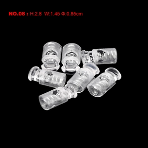 Macro view of transparent plastic spring cord lock with internal metal mechanism and dimensions