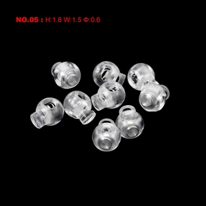 Close-up of clear plastic single hole cord locks with silver metal springs and sizing info