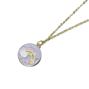 Cute gold pendant necklace with purple enamel cat, rainbow, and BE PAWSITIVE charm
