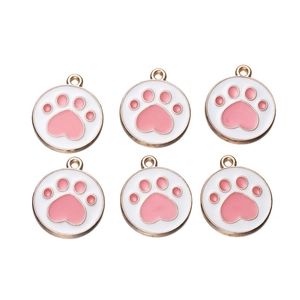 Detailed view of six gold-plated cat paw enamel charms for DIY jewelry making