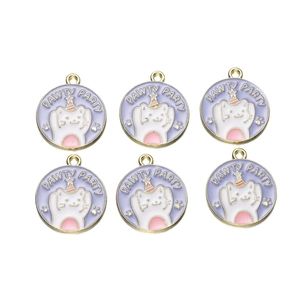 Set of 6 purple enamel cat pendants with PAWTY PARTY text for DIY jewelry crafting