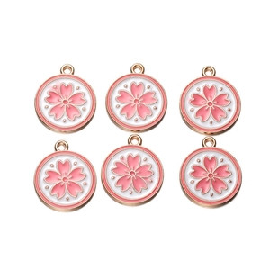 Set of six round enamel cherry blossom charms with gold metal edges for DIY jewelry