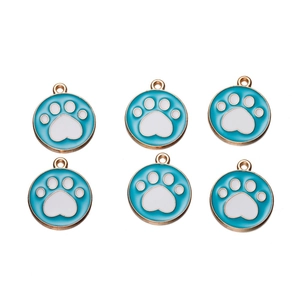 Detail of six blue and white enamel paw print alloy charms with golden metal edges