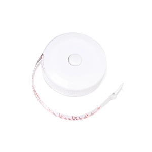 Close-up of portable automatic retractable tape measure with white case and red scale marking