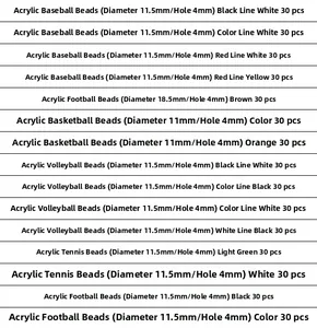 Tableau des tailles pour perles de sport en acrylique 11,5mm, styles basket et foot