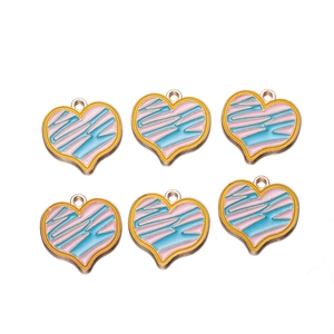 Set of 6 heart enamel pendants with pink and blue abstract patterns for DIY jewelry