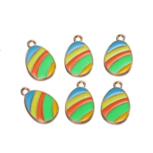 Detail view of six colorful enamel striped egg-shaped charms for DIY jewelry making