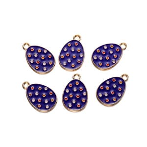 Detailed view of six blue enamel egg pendants with colorful dots for DIY jewelry making