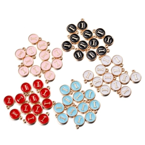 Detail of round enamel letter I charms in five colors with gold plating for DIY jewelry