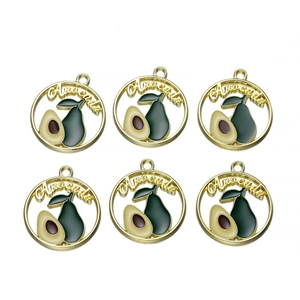 Set of six round gold-plated avocado enamel pendants for DIY jewelry crafting
