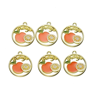 Close-up of 6 orange fruit charms with drip oil alloy finish for DIY jewelry crafting