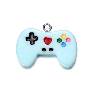 Detailed close-up of light blue resin game controller pendant with silver metal ring