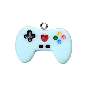 Light blue resin game controller pendant with red heart and silver metal loop on white background