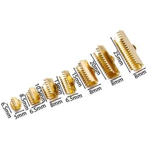 Golden ribbon end crimps in various sizes for jewelry making with precise measurements