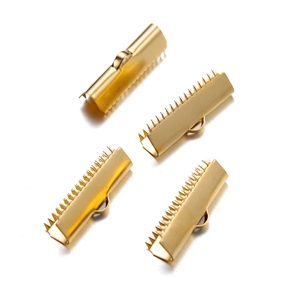 Polished gold stainless steel ribbon crimp ends with teeth for DIY jewelry making