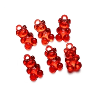 Set of six red translucent resin bear pendants with top loops for DIY jewelry making