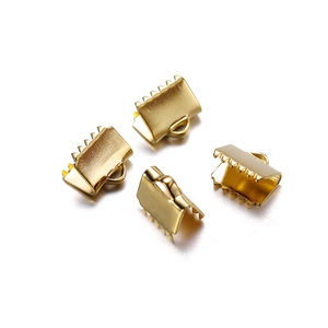Detailed close-up of golden stainless steel ribbon end crimps for DIY jewelry making