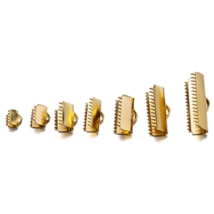 Golden stainless steel ribbon crimp ends in seven sizes with serrated edges and loops