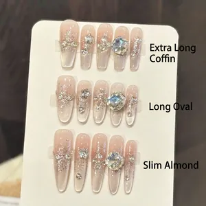 Handmade Press On Nails Pink Ombre Cat Eye Glitter Rhinestone Long Coffin Oval Fake Nails For Women Manicure Nail Art