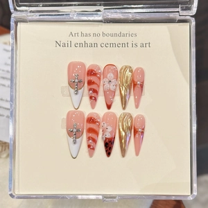 Handmade Long Stiletto Press On Nails French Cross 3D Metal Texture Artificial Pearl Flower Rhinestone Luxury Faux Nails For Women