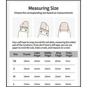 Size guide for caramel leopard cat eye press-on nails featuring XS to L measurement table