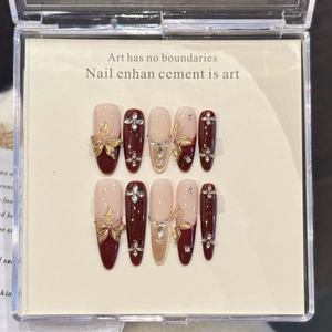 Luxury Handmade Wine Red Press On Nails Gold 3D Relief Floral Zircon Rhinestone Long Oval Stiletto Fake Nails For Women Jewelry
