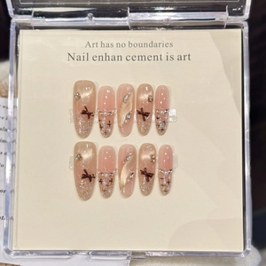 Handmade French Cat Eye Press On Nails Brown Bow Artificial Pearl Rhinestone Decoration Long Oval Fake Nails For Women Elegant Manicure