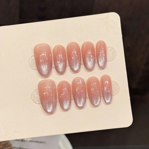 Handmade Cat Eye Press On Nails Nude Pink Silver Gradient Almond Oval Fake Nails Luxury Ins Style For Women Daily Wear