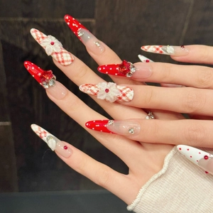 French style red and white plaid stiletto press-on nails with 3D flower and rhinestones