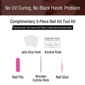 Professional 5-piece press-on nail tool kit including file, glue, and cleaning pads