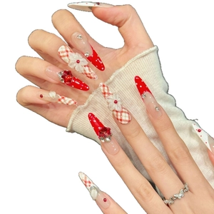 French style stiletto press-on nails with red plaid, resin flowers and heart rhinestones