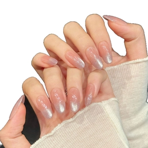 Pink and silver gradient cat eye almond press-on nails with fine glitter finish
