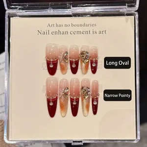 Handmade French Cat Eye Press On Nails Long Stiletto Oval Burgundy Red Champagne Gold Butterfly Rhinestone Artificial Pearl Fake Nails