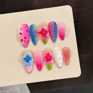 Handmade 3D Carved Flower Almond Press On Nails Pink Blue Gradient Rhinestone Water Drop Decorative Artificial Finger Nails