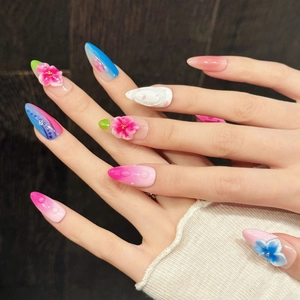 Handmade 3D floral press-on nails with almond shape, pink-blue gradient and pearl accents