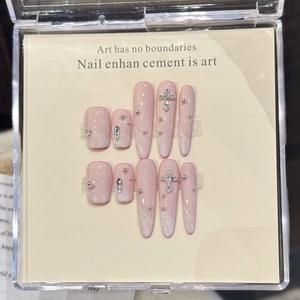Faux Ongles à Coller Faits à la Main Rose Marbre Croix Incrusté de Strass Longs Ballerine Ensemble de Manucure Femme