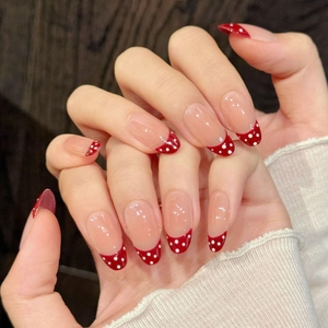 Handmade Wine Red Polka Dot French Press On Nails Vintage Short Oval Artificial Nails With Jelly Glue Tool Kit For Women