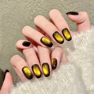 Handmade Amber Star Flare Cat Eye Press On Nails Retro Black Gold Gradient Short Oval Fake Nails With Manicure Tool Kit
