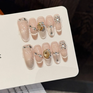 Handmade Cat Eye Press On Nails Pink Gradient Rhinestone Inlaid Luxury Fake Nails Set With Tools For Women Manicure Jewelry