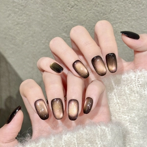 Handmade Brown Gradient Cat Eye Press On Nails Short Oval Shape Elegant Butterfly Bow Design Artificial Nails For Women