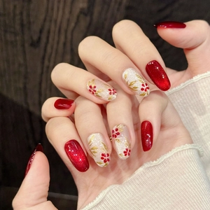 Handmade Red Cat Eye Press On Nails Floral Pattern Gold Leaf Medium Oval False Nails Women Festive DIY Manicure Kit