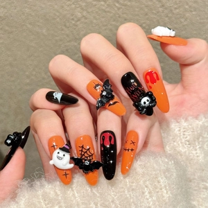 Handmade Halloween Press On Nails Ghost Bat Skull 3D Relief Orange Black Long Oval Glossy Nail Art Kit For Women Party