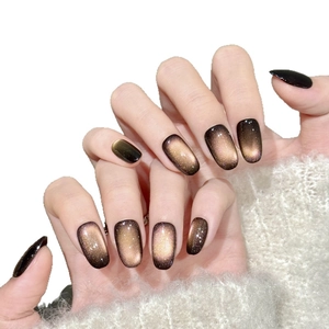 Brown gradient handmade cat-eye press-on nails with sparkling starry effect on hands