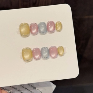 Handmade press-on nails with pink gold cat-eye glitter and silver gradient square tips