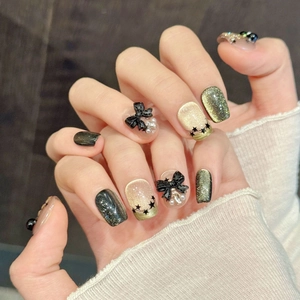 Handmade Cat Eye Press On Nails With Black Bowknot And Stars Dark Green Gold Glossy Artificial Nails For Women Sweet Cool Style Decoration