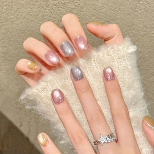 Pink and grey cat-eye press-on nails with silver glitter and star zircon ring accessory